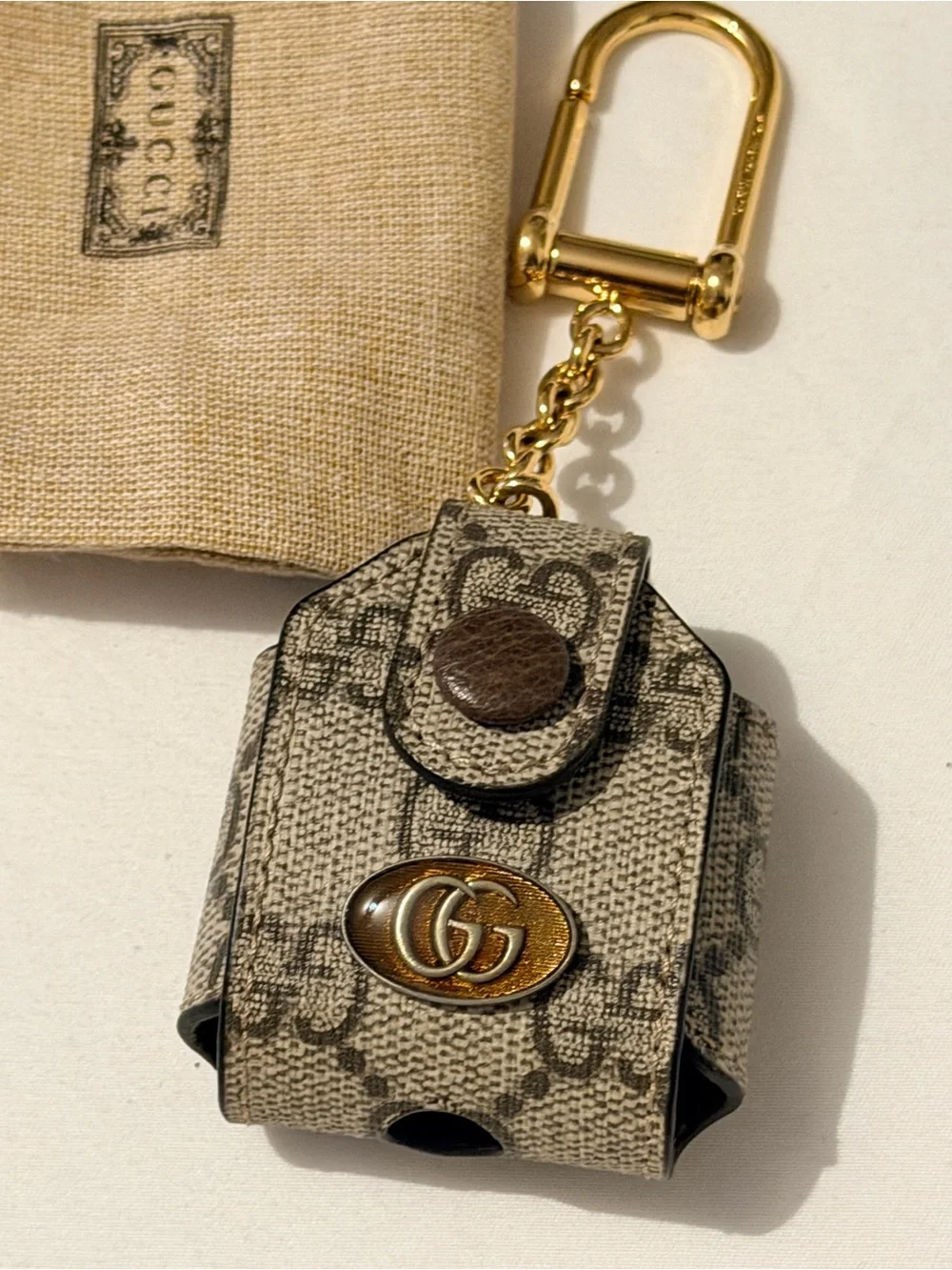 Gucci Beige GG Monogram Mini Key Pouch with Gold Hardware